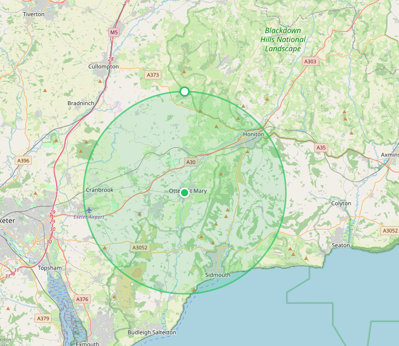 Zone 1 map showing the free travel area within 6 miles of Ottery St Mary