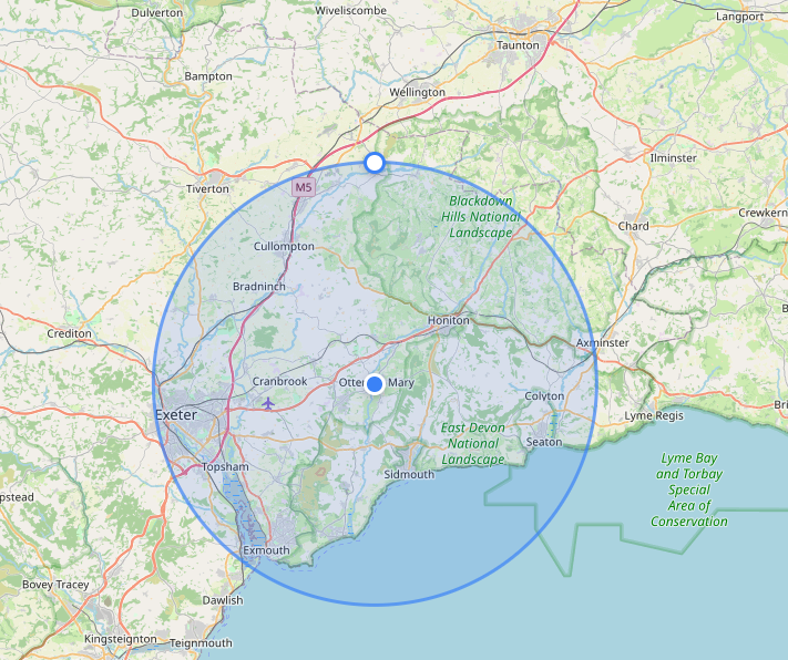 Zone 2 map showing the 6 to 12 mile area around Ottery St Mary